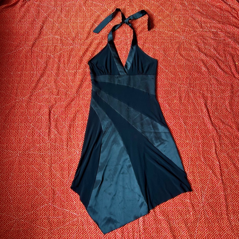 Vintage 2000s Black Halter Neck Asymmetrical Hem Party Dress